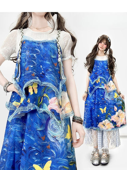 Faux Print Ölblaue Spitze Zweiteiliges Y2K Malkleid