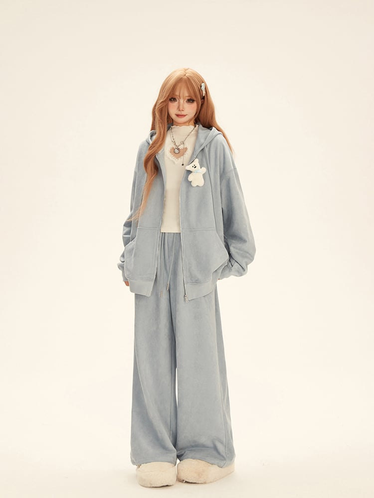 Chest Hooded Jacket Bear White Set Blue Sweatpants Details with Toy Drawstring