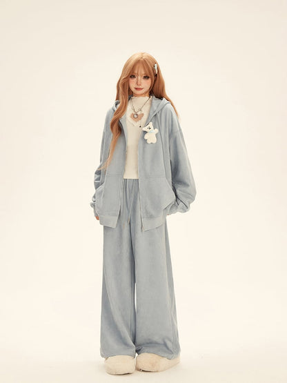 Chest Hooded Jacket Bear White Set Blue Sweatpants Details with Toy Drawstring