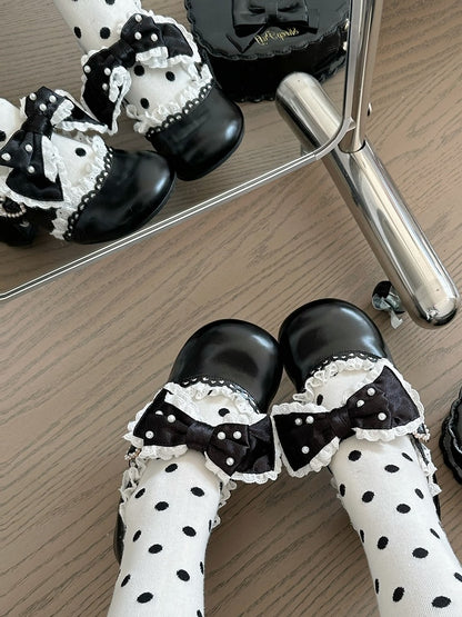 Bow Sweet Beaded Accent Scalloped-Edge with Mary Black Strap Buckle Decorated Leather - Janes Lolita PU