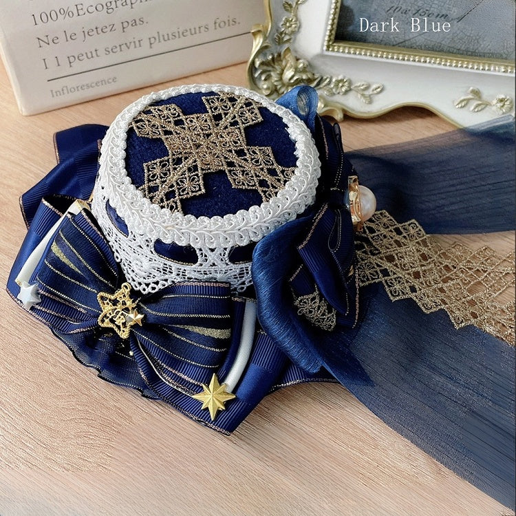 Light/Dark Blue Idol Lolita Cross Embroidered  Star And Beaded Decorated Bowknot Details  Mini Hat