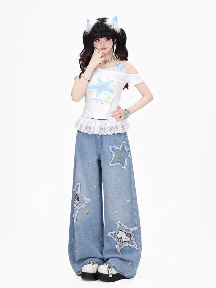 Blue Starfish Print Off-Shoulder Tee with Lace Hem - CRAZY GIRL