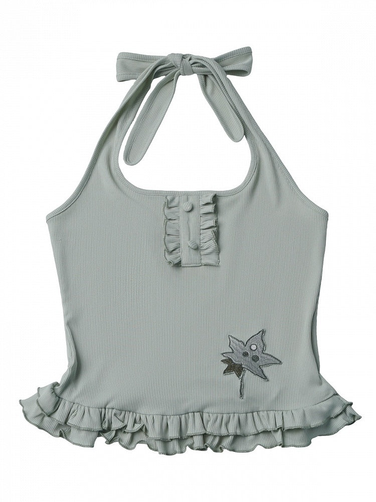 Light Green Halter Top with Leaf Applique and Ruffles - PINK SAVIOR