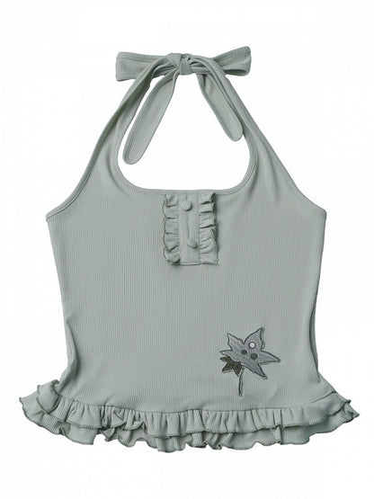 Light Green Halter Top with Leaf Applique and Ruffles - PINK SAVIOR