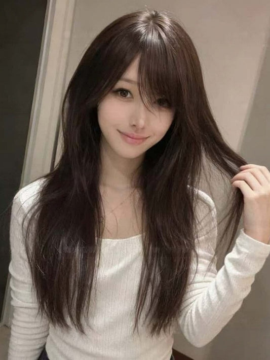 60cm Long Straight Wig with Side-swept Bangs - Hui Ran