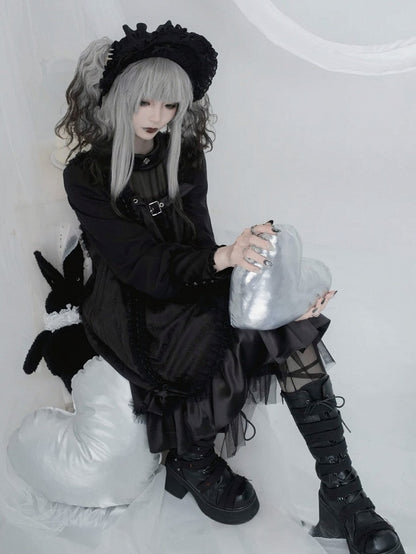 Black Gothic Lolita Pleated Dress with Round Collar, Lace and Metal Accents - Kuroya