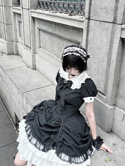 and Asymmetrical Dress Black Lolita Peter Pan White Skirt Tiered Gothic Sleeves Collar Short