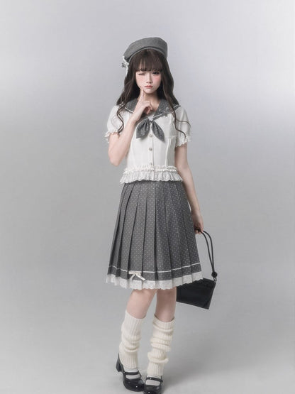 Short Sleeve White Top With Trim Sailor-Inspired Ruffle
