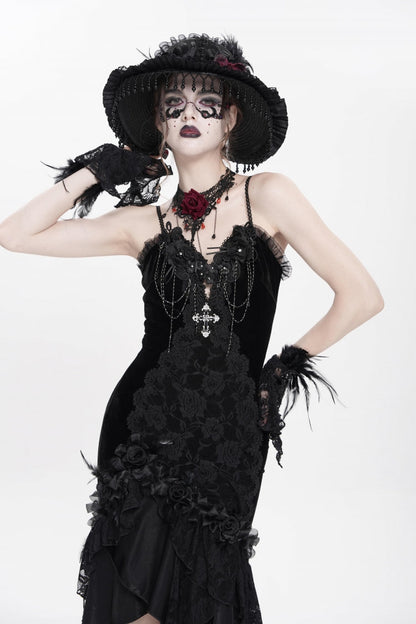 Black Cross Ruffled Floral Embroidered Chain Gothic Slip Dress
