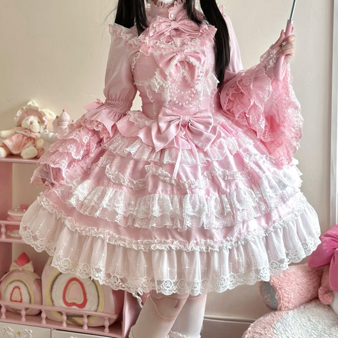 White Lace Lolita Decorated Trims Hanayome Pink Skirt Bows Dress Jumper