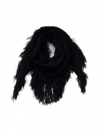 Triangle Scarf Black Vintage Y2K with Mink Faux Punk Long Fringe