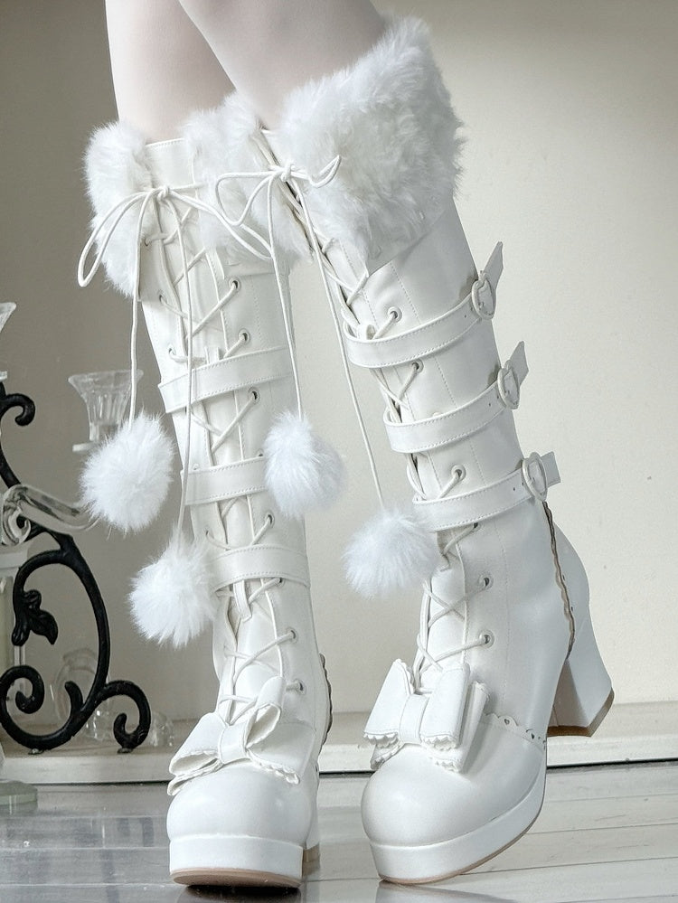 Boots - PU Cuff Charm Plush Closure Mid-heel Lace-up Creamy Pompon Knee-Length in White with