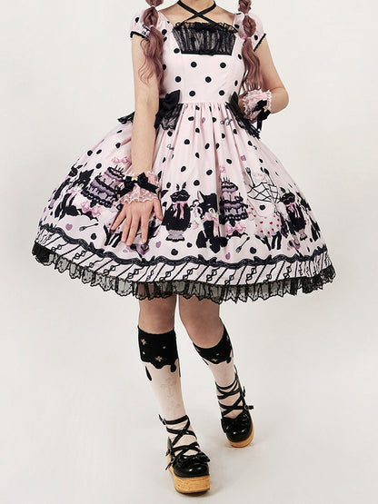 Lolita Black Dress Dot with Sweet Cat Polka Pink Accents Print Bow