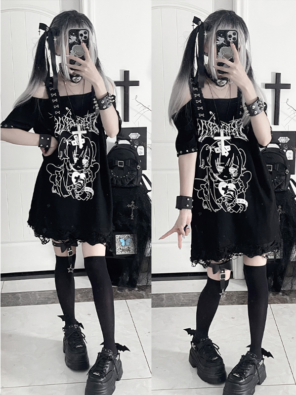 Print Gothic Black Off-Shoulder Subculture Cross-Buckle StrapsAnime Topwith Girl