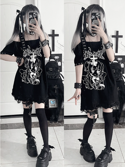 Print Gothic Black Off-Shoulder Subculture Cross-Buckle StrapsAnime Topwith Girl
