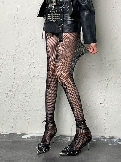 Punk Schwarz Rot Y2K Rosenmuster Hohlstrumpfhose