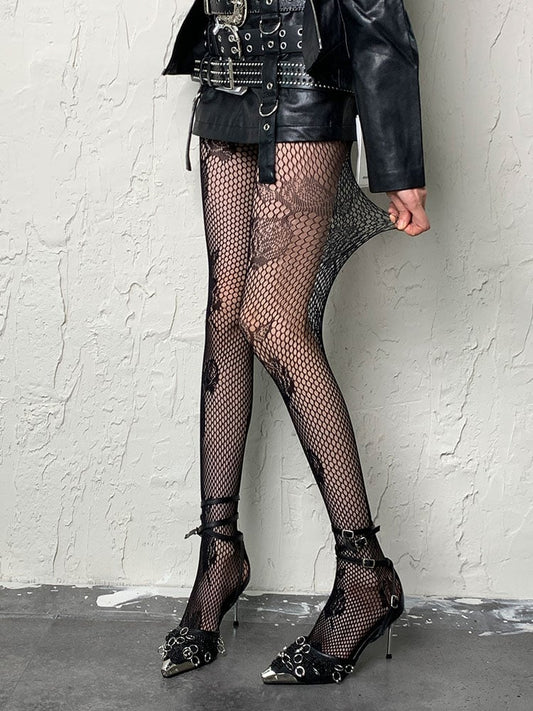 Punk Schwarz Rot Y2K Rosenmuster Hohlstrumpfhose