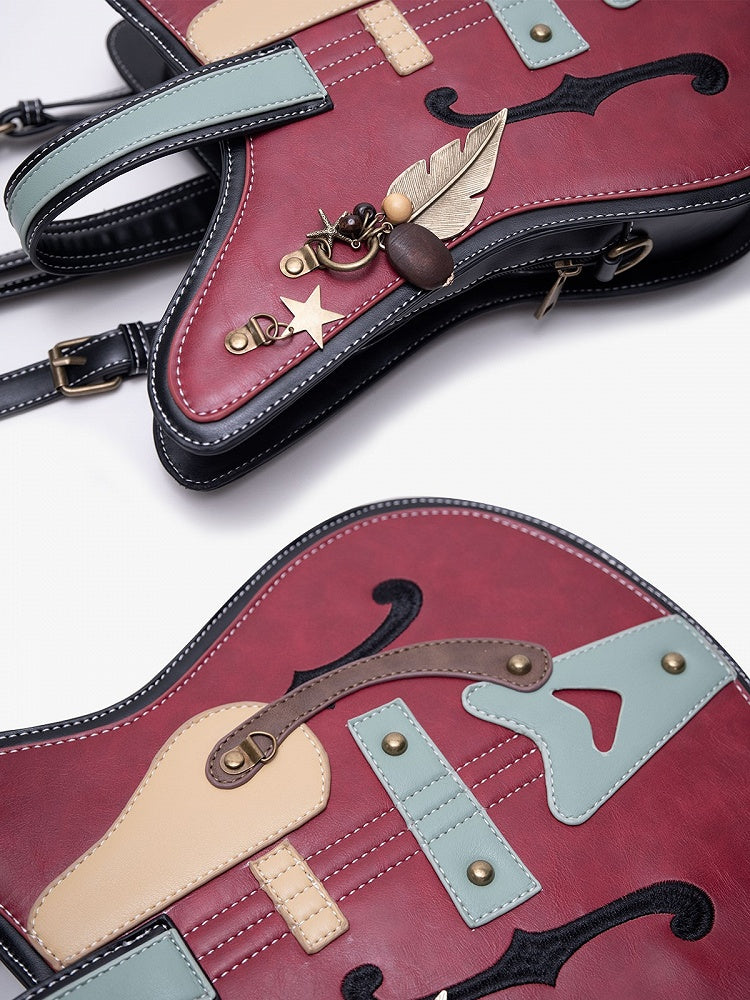 Guitar-Shaped 2-Way Chain Red With Tote Metal Bag Feather Vintage Accents