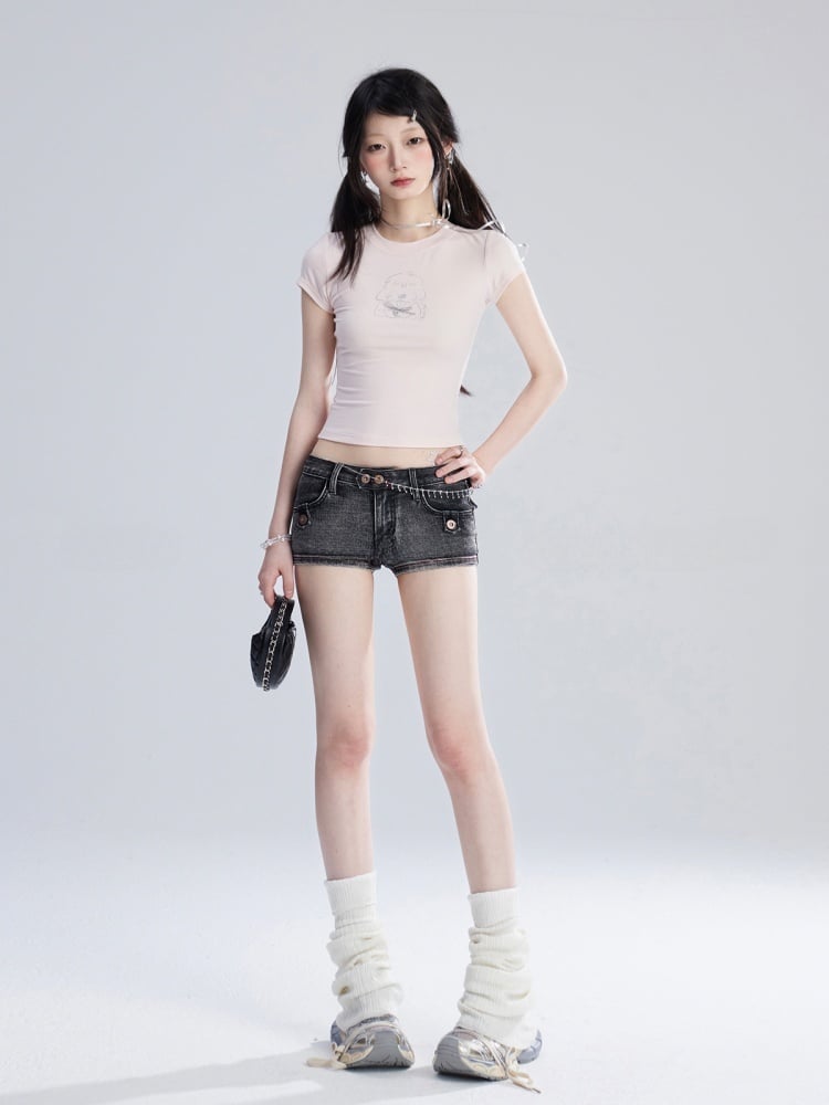 T-Shirt Puppy Print Heart Cropped Adorable Pink Charm Bittersweet