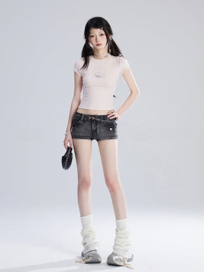 T-Shirt Puppy Print Heart Cropped Adorable Pink Charm Bittersweet