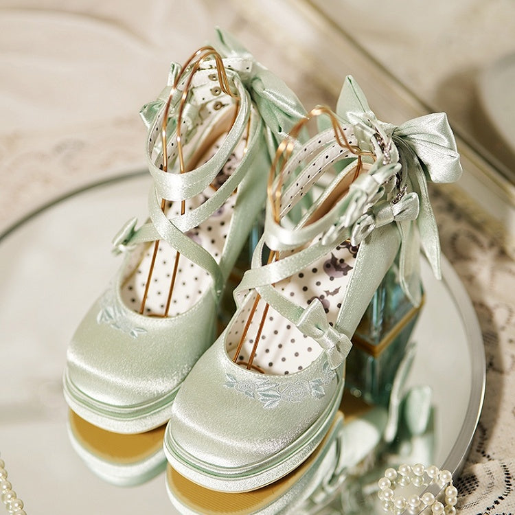 Camellia Heels Janes Accents Green Bow Mary with Block Platform High Elegant - 9cm