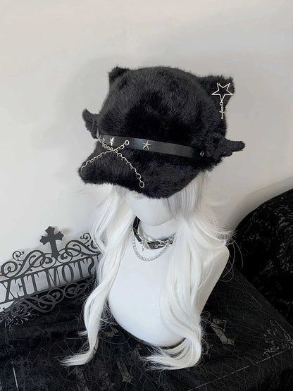 Chain Hat with Wing Punk Hardware Beret Cat Black Ear Plush Detail Angel