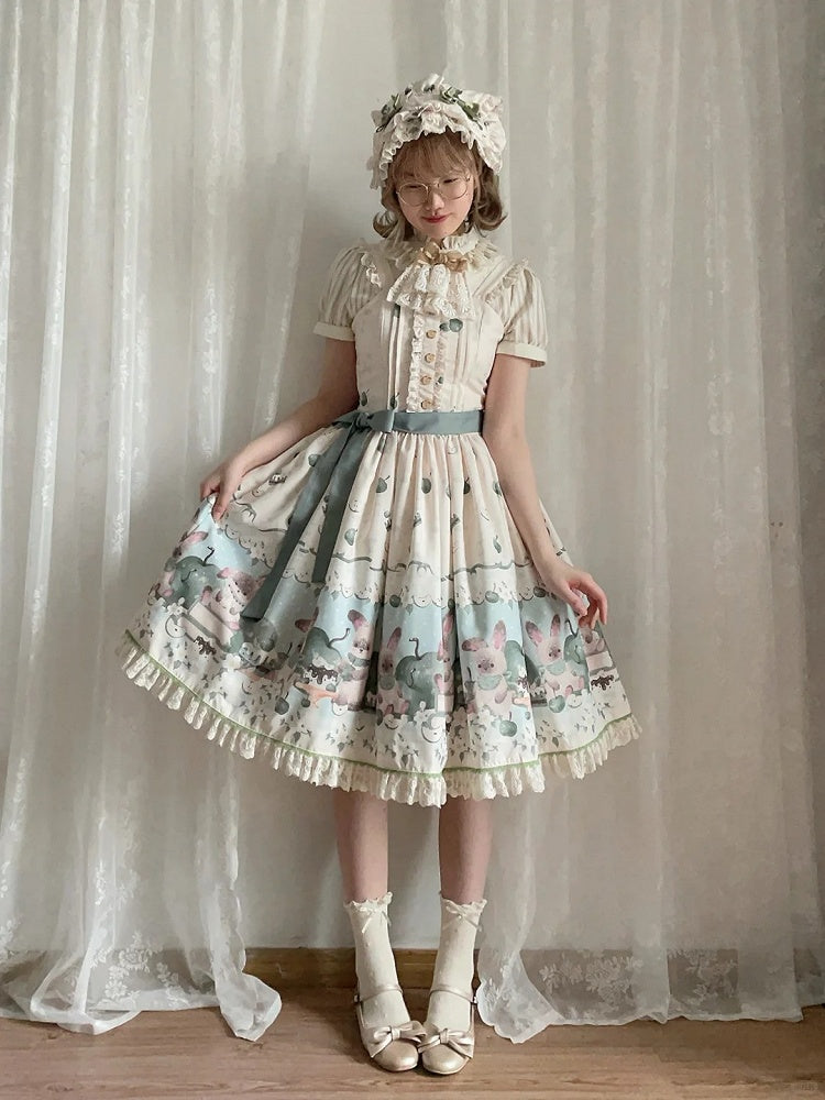 with Green Beige Trim Print Sweet Dress Lace Apple Bunny Lolita and