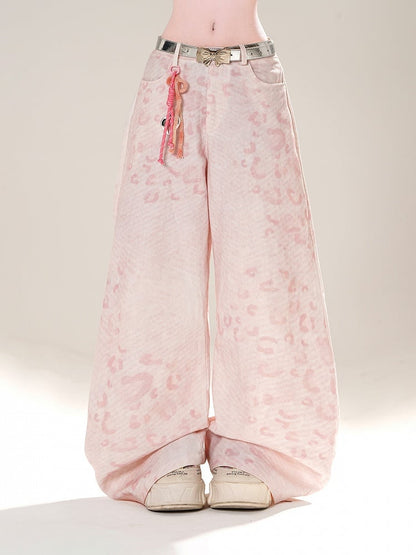 Rosa Jeans mit Leopardenmuster und weitem Bein und niedriger Taille von Gyaru