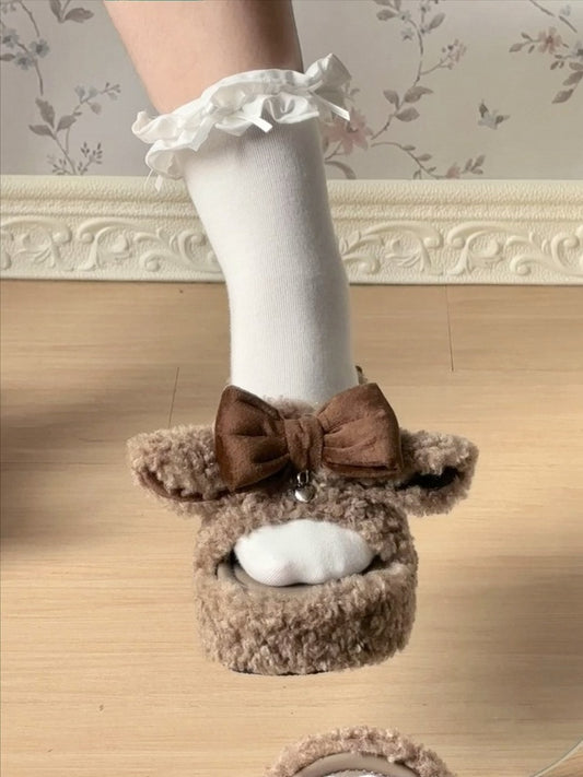 Braune süße Schleife Akzente Lamm Ohren Plattform Winter Slipper