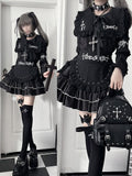 Ruffle Gothic Tie Front Topwith Long LacingBow Back Metal Black Eyelet Sleeve Trimmed