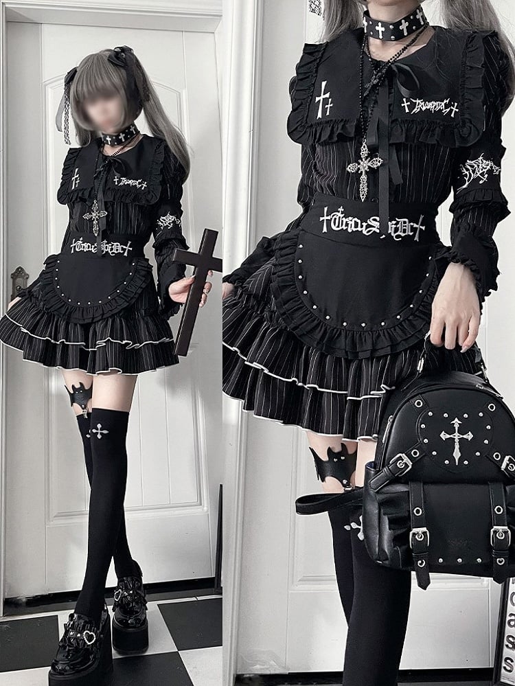 Ruffle Gothic Tie Front Topwith Long LacingBow Back Metal Black Eyelet Sleeve Trimmed