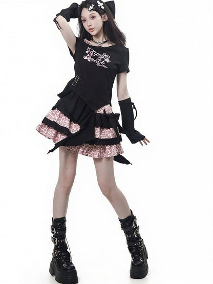 Leopard Print Tiered Skirt with Bow in Pink and Black - PINK SAVIOR