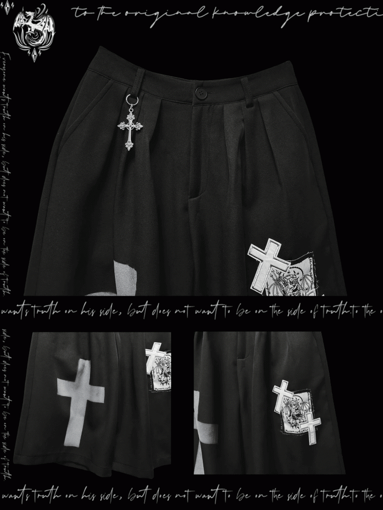 Black Cross Appliques Wide-Leg Pants Y2K