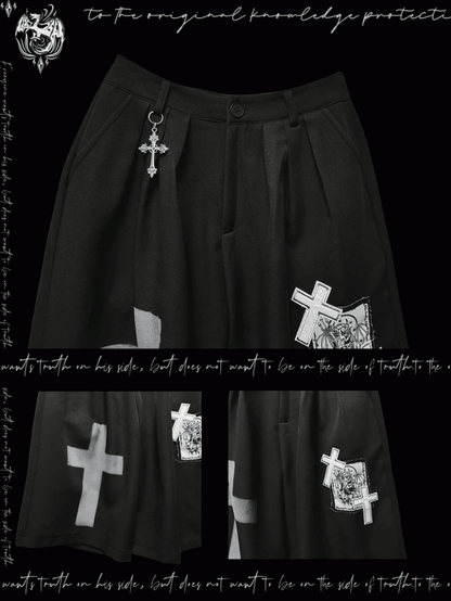Black Cross Appliques Wide-Leg Pants Y2K