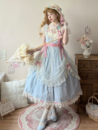 Version Lolita Long Lace Classic with Elegant and Blue Dress Bow Details