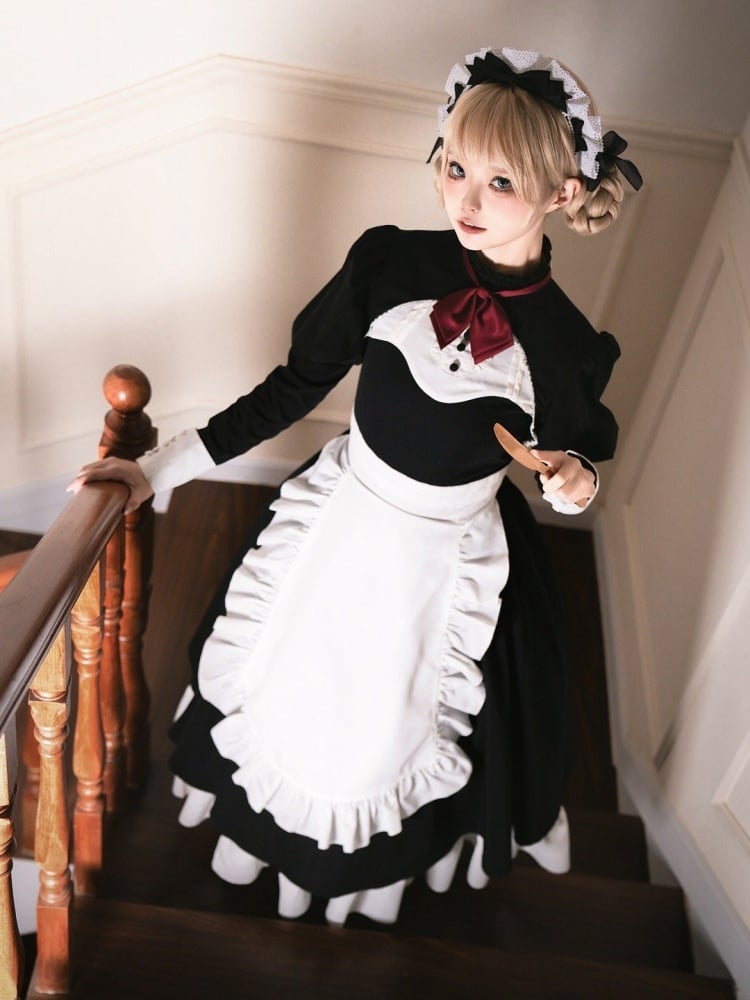 Maid Lolita Dress with Juliet Sleeves and Apron Waist in Black and White
