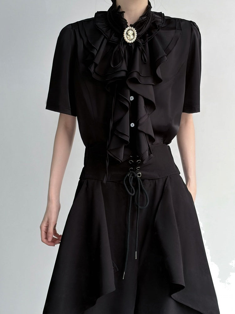 Ouji Black Short Sleeve Blouse Layered Ruffle - ROAE