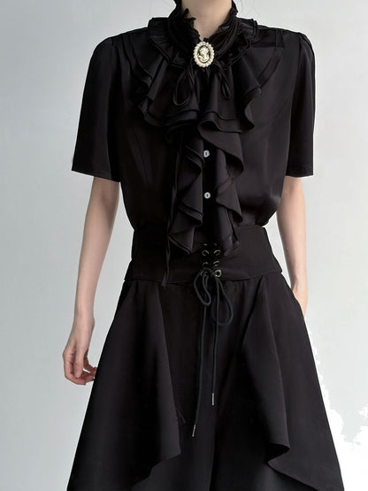 Ouji Black Short Sleeve Blouse Layered Ruffle - ROAE