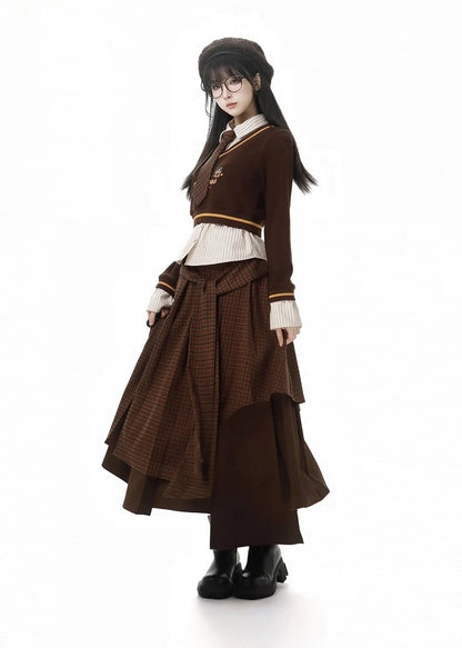 Coffee Plaid Asymmetrical Pleated Hem Skirt