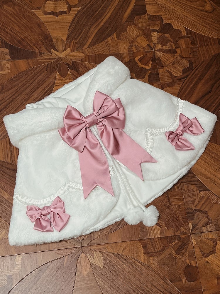 Pink White Cape Pom-poms with Hooded Lolita Bunny Bows and Ears