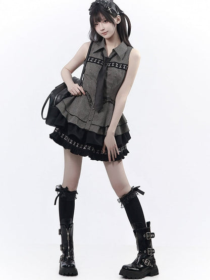 Black & Gray Striped Sleeveless Shirt with Peplum Hem - PINK SAVIOR