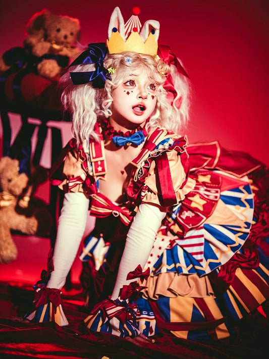 Lolita Red Sleeves Sweet Blue Bowknot and