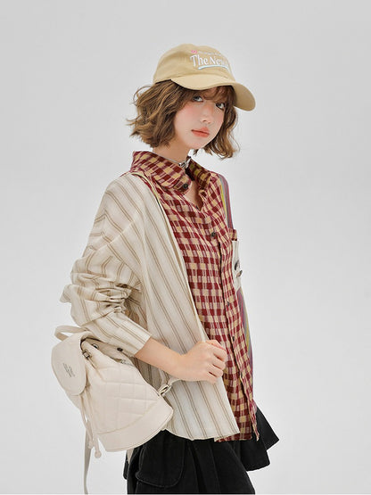 Retro Colorblock Plaid Striped Long Sleeve Shirt - sijinstudio