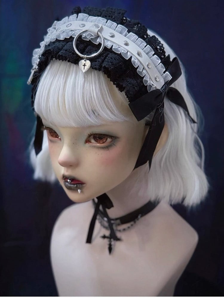 Gothic Black & White Lace Headband with Cross Accents - Strange Sugar