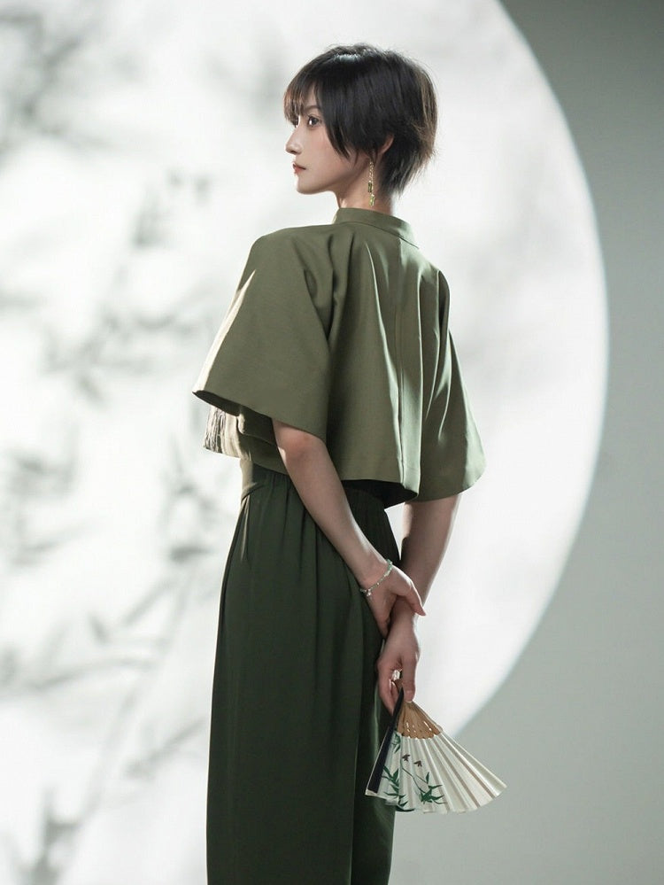 Green Bamboo Embroidered Short Sleeve Top - Feng Hua Gui Guo Ling