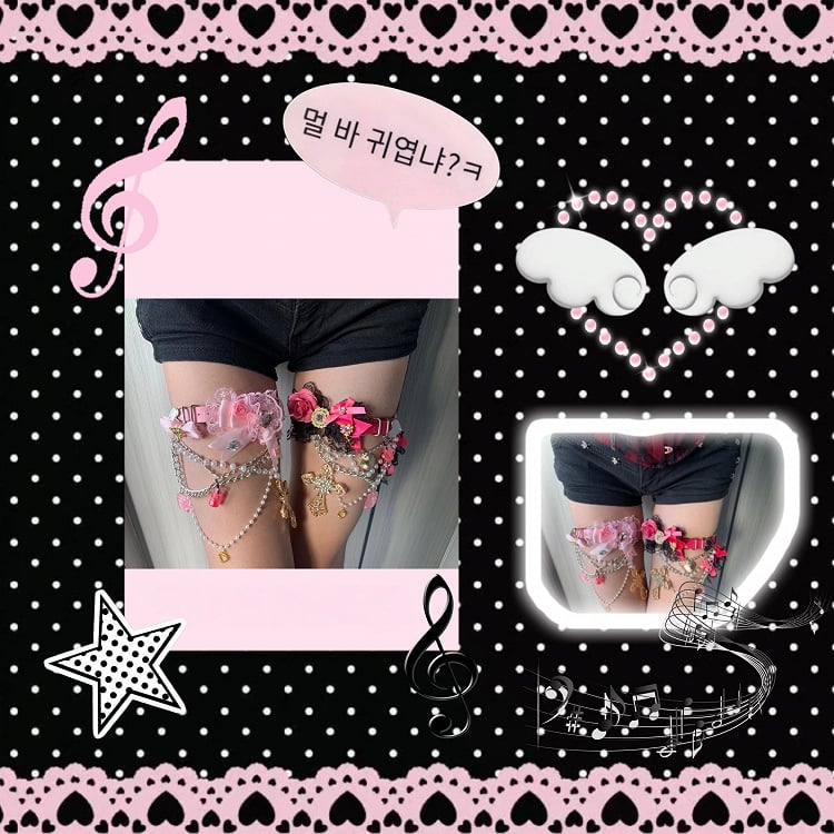 Black Garter Rose Pink Lace -