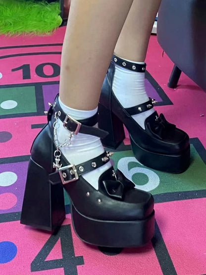 Matte Black Gothic Platform High Block Heels with Removable Ankle Strap, Snap Closure & Bow Accents