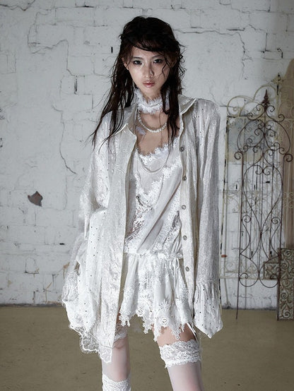 Beige Satin Lace-Trimmed Punk Shirt with Chain Accents
