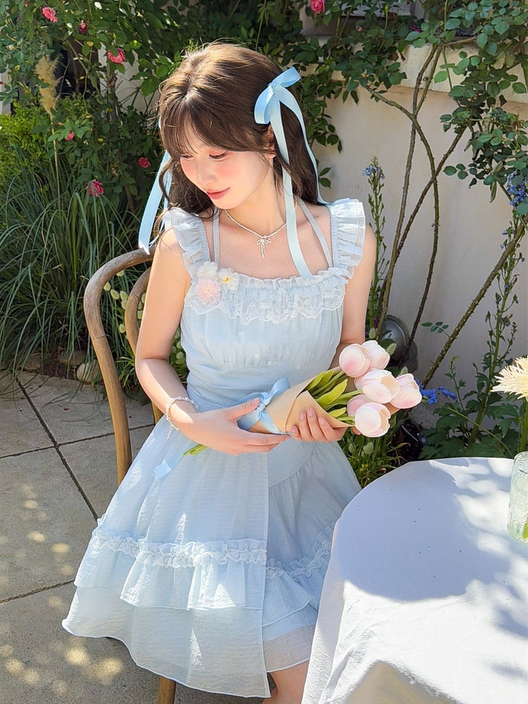 Sleeves Light Blue Flutter Dress Skirt Asymmetrical Chiffon Halter Neck Tiered