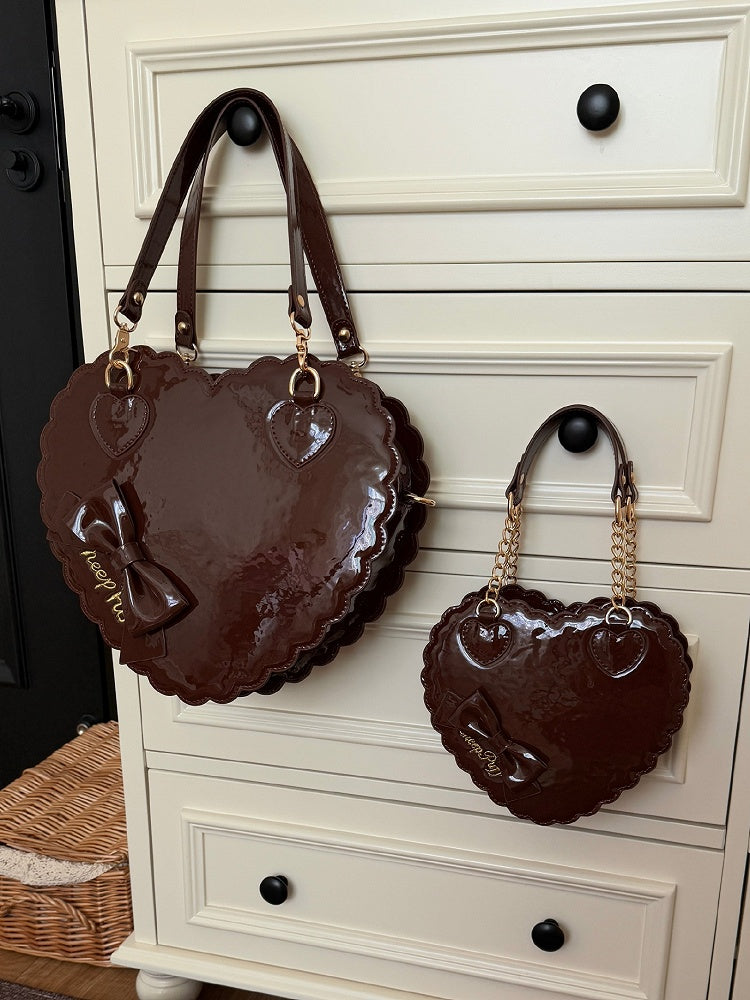 in Style Cookie PU Bag Brown - Heart 2-Way Closure Zipper Bow Lolita with Decor